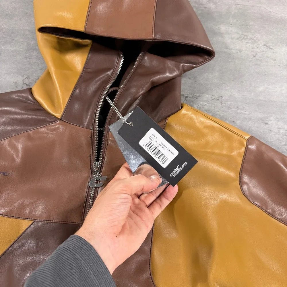 Cold Culture Route Jacket M Brown Colorblock Hooded Bomber $189 Vegan Leather